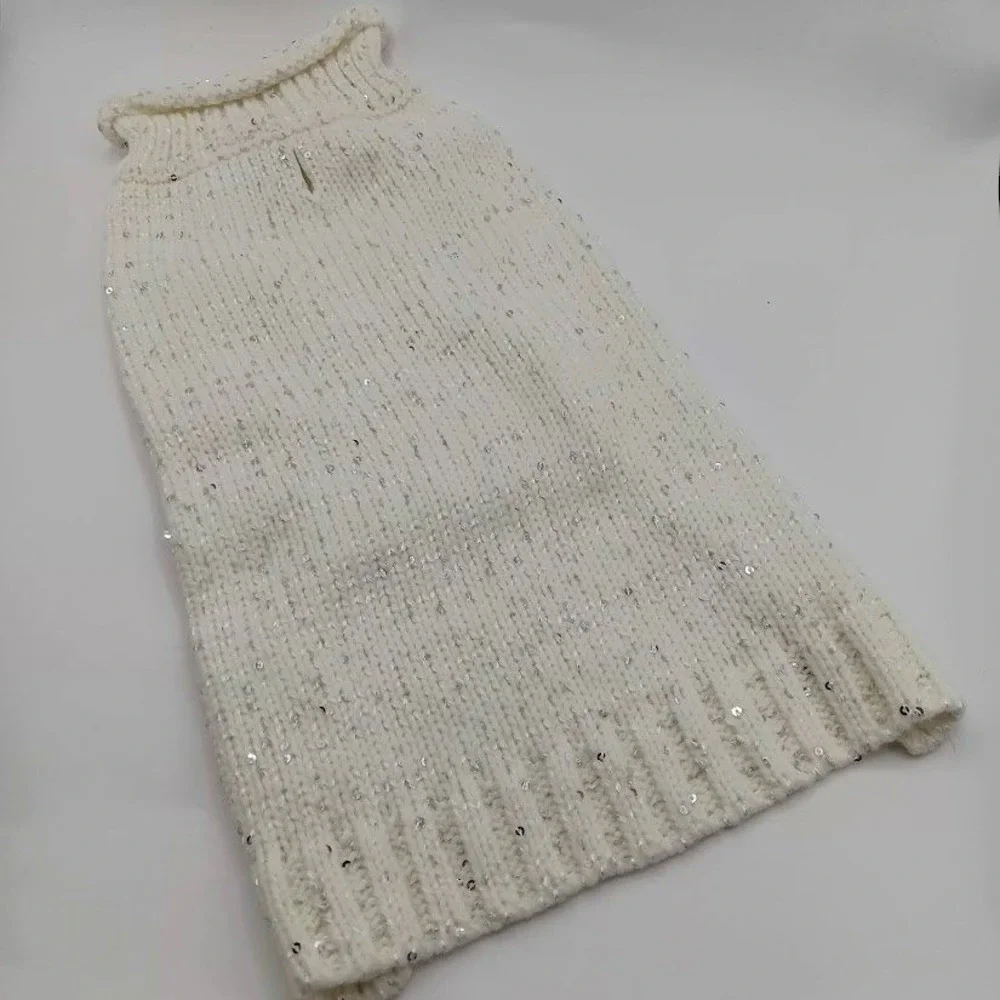 White Dog Sweater Knit Sequin Turtleneck Warm Winter Pet Acrylic Blend Cozy‎